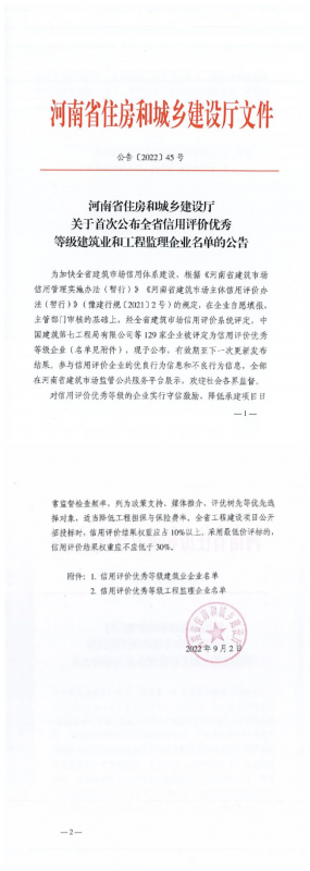 喜報丨集團(tuán)公司榮獲河南省“信用評價優(yōu)秀等級建筑業(yè)企業(yè)”榮譽(yù)